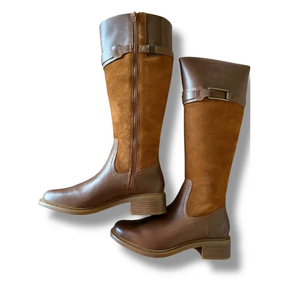Clarks Maye Carly knee High Boots Leather Suede Block Heel Tan Brown Size 7M