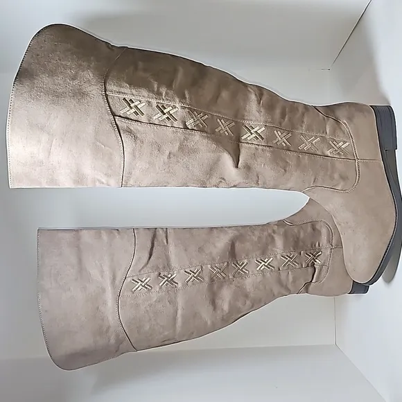 Cloudwalkers Nadia Boots Over Knee Tall Fabric Zipper Faux Suede Taupe 10 Wide