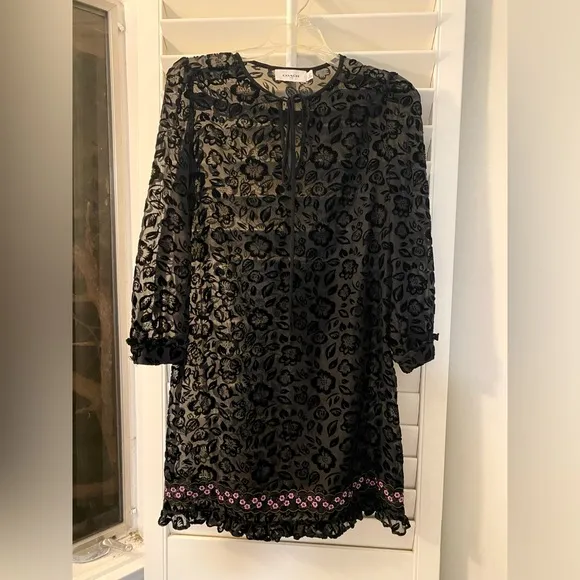 coach black lace floral dress sheer overlay NEW Size 0 With Pink Flowers