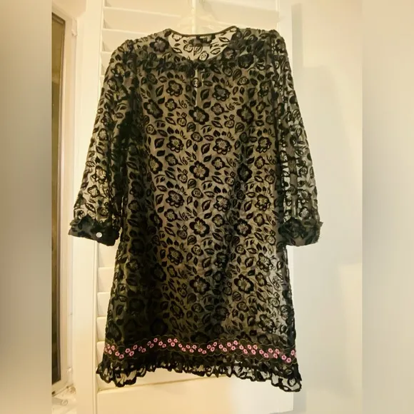 coach black lace floral dress sheer overlay NEW Size 0 With Pink Flowers