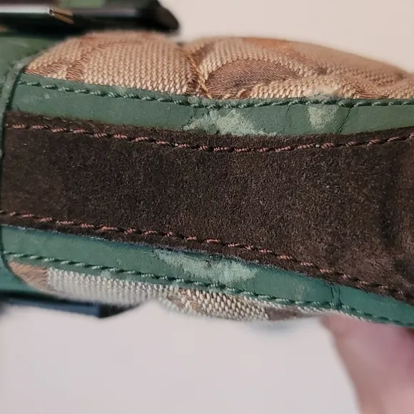 Coach boots, Mariette, brown &amp; green straps, fur around top, lined inside sz 6.5