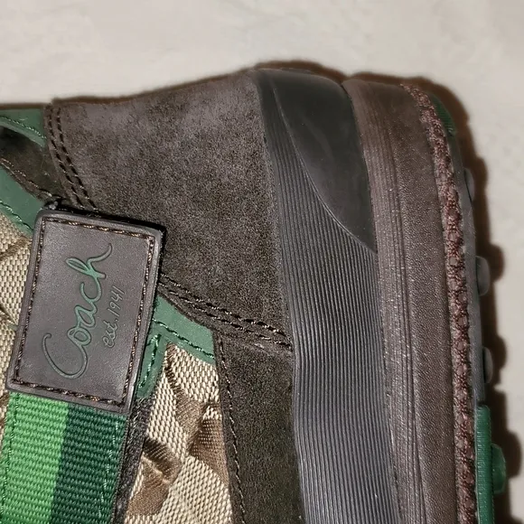 Coach boots, Mariette, brown &amp; green straps, fur around top, lined inside sz 6.5
