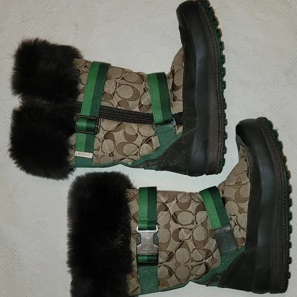 Coach boots, Mariette, brown &amp; green straps, fur around top, lined inside sz 6.5