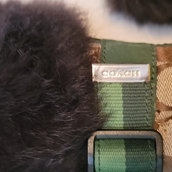 Coach boots, Mariette, brown &amp; green straps, fur around top, lined inside sz 6.5