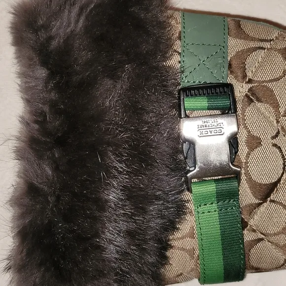 Coach boots, Mariette, brown &amp; green straps, fur around top, lined inside sz 6.5