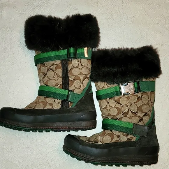 Coach boots, Mariette, brown &amp; green straps, fur around top, lined inside sz 6.5