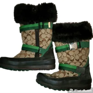 Coach boots, Mariette, brown &amp; green straps, fur around top, lined inside sz 6.5