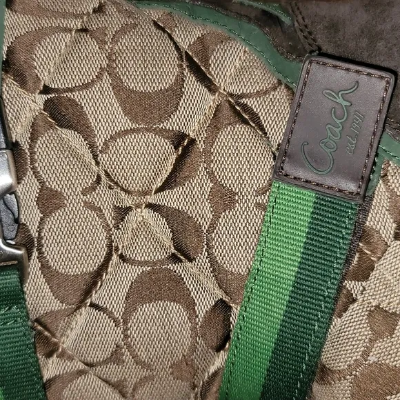 Coach boots, Mariette, brown &amp; green straps, fur around top, lined inside sz 6.5
