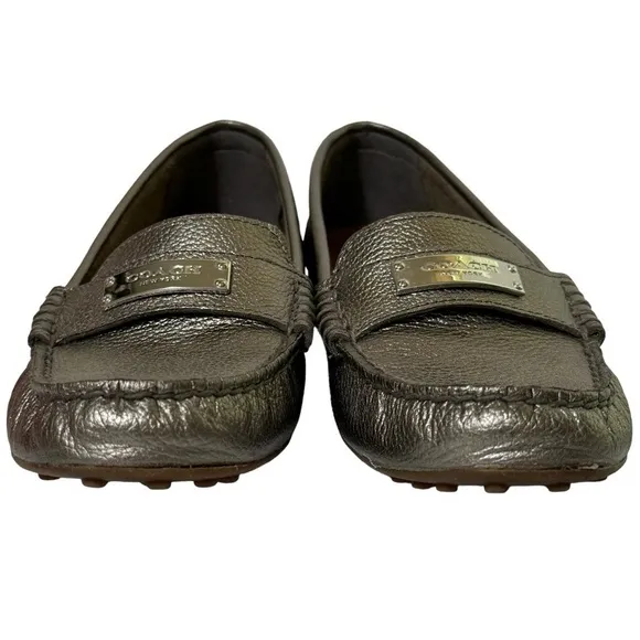 Coach Fredrica Metallic Silver Pebbled Leather Driving Loafers Mocs Size 8.5
