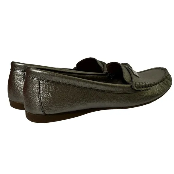 Coach Fredrica Metallic Silver Pebbled Leather Driving Loafers Mocs Size 8.5
