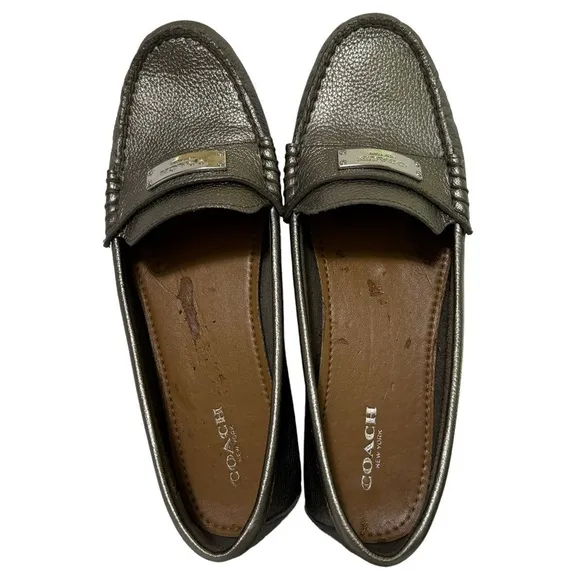 Coach Fredrica Metallic Silver Pebbled Leather Driving Loafers Mocs Size 8.5