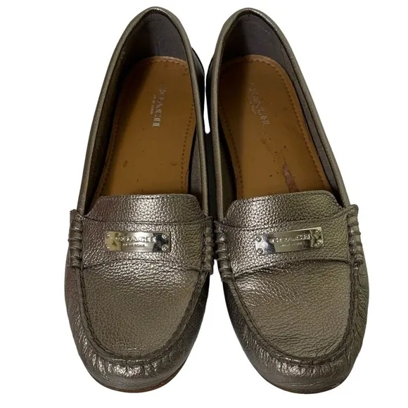 Coach Fredrica Metallic Silver Pebbled Leather Driving Loafers Mocs Size 8.5
