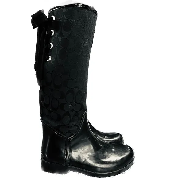 Coach Tristee black lace up rain boots size 8.