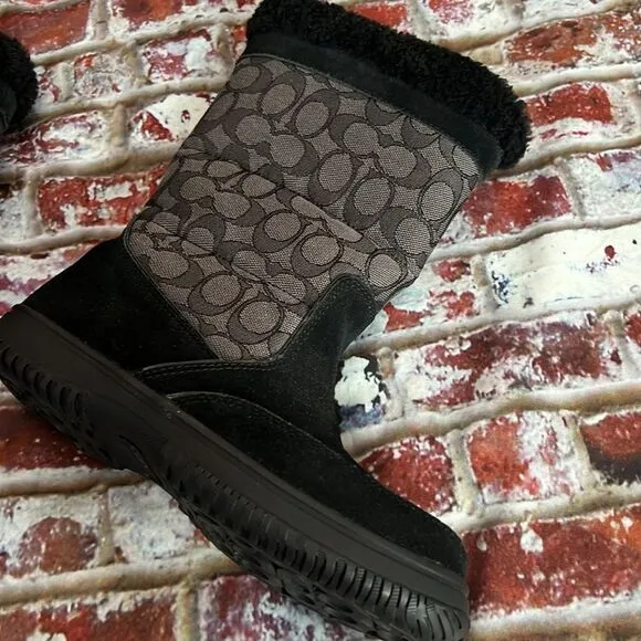 Coach brand black winter boots with CC print