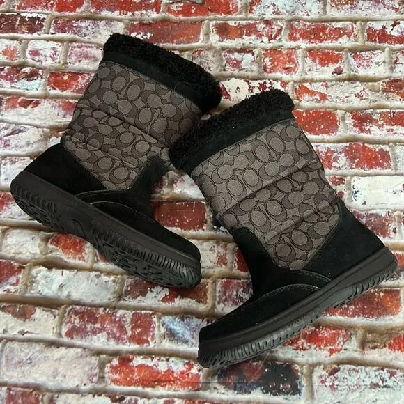 Coach brand black winter boots with CC print