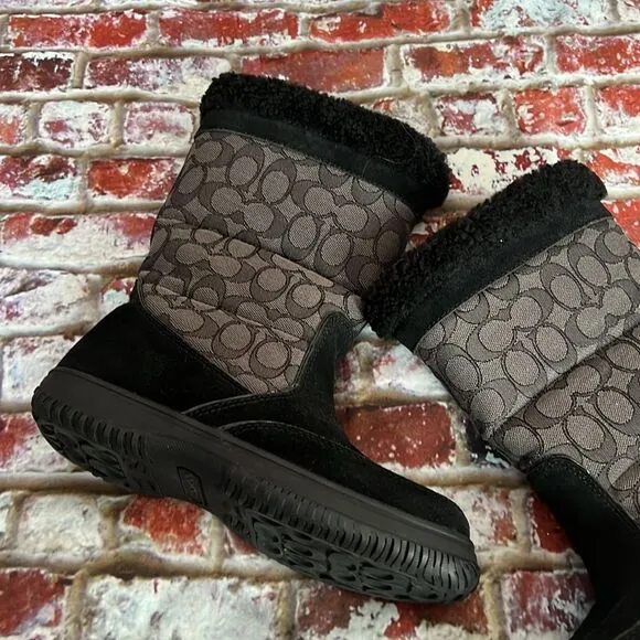 Coach brand black winter boots with CC print