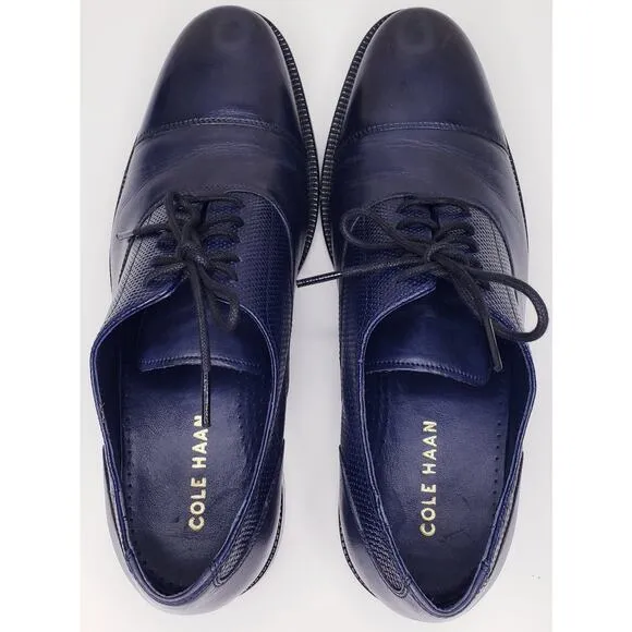 COLE HAAN Cap Toe Oxford Men's Leather Dress Shoes Navy Basket Weave Size 9M