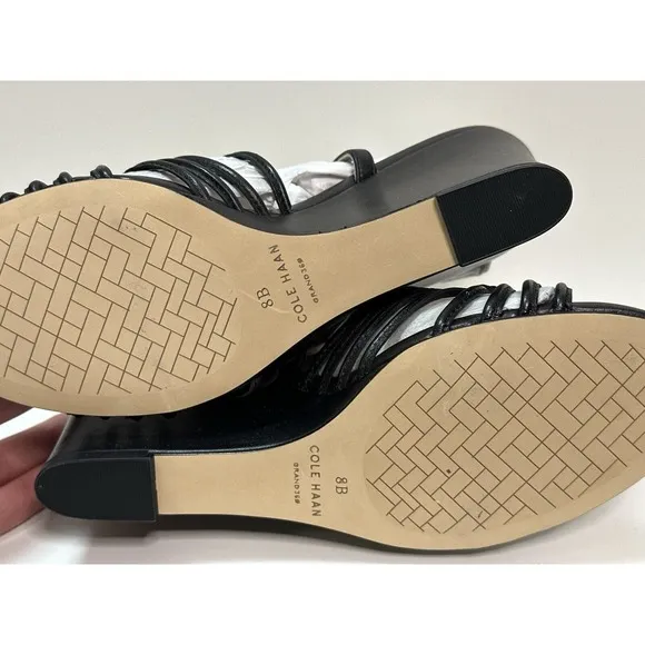 Cole Haan, Jitney Knot Wedge Sandals, Black Leather, Size 8B