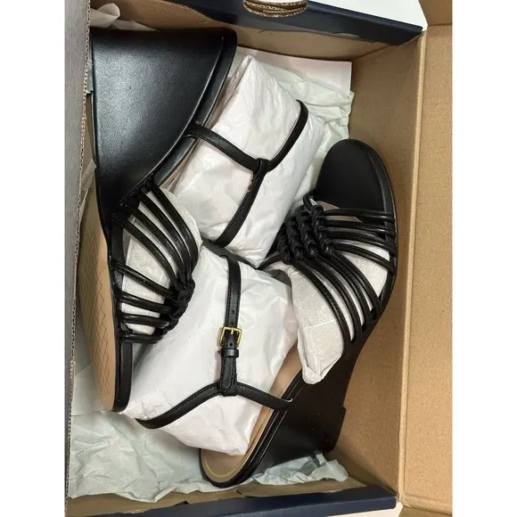 Cole Haan, Jitney Knot Wedge Sandals, Black Leather, Size 8B