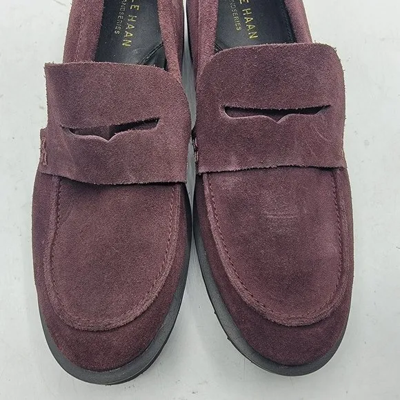Cole Haan Womens Size 6 Burgundy Newburg Suede Lug Sole Slip On Loafers Shoes