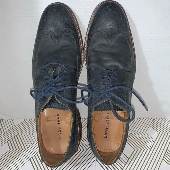 Cole Haan Mens Size 10 Leather Oxford Dress Shoes Blue Wing Tips Lace Up