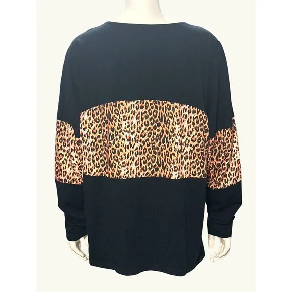 Color Block Pullover Blouse Leopard Print Tunic Raglan Long Sleeve Casual Loose