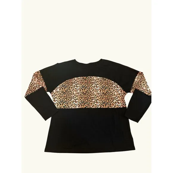Color Block Pullover Blouse Leopard Print Tunic Raglan Long Sleeve Casual Loose