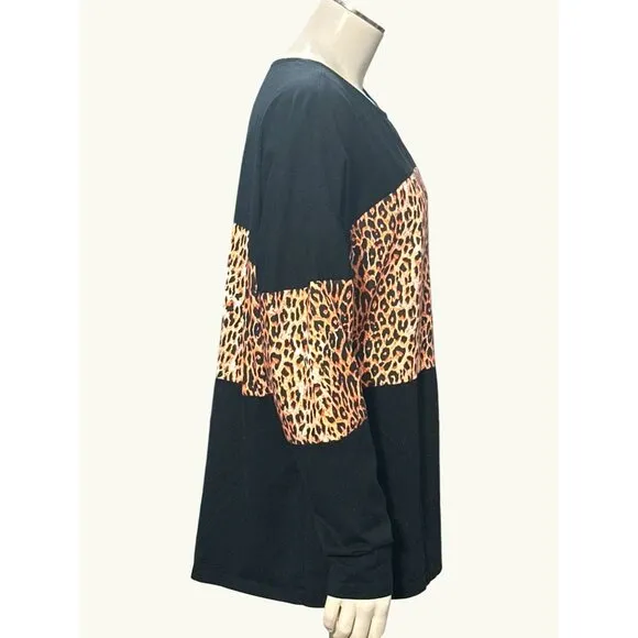 Color Block Pullover Blouse Leopard Print Tunic Raglan Long Sleeve Casual Loose