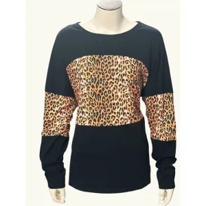 Color Block Pullover Blouse Leopard Print Tunic Raglan Long Sleeve Casual Loose