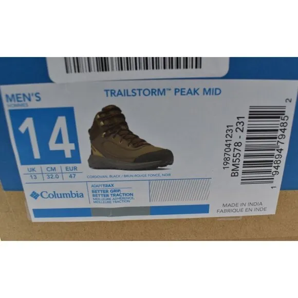 Columbia Mens Size 14 Trailstorm Peak Mid Cordovan Black Leather Hiking Boots