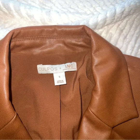 Culpos x INC Faux Leather‎ Blazer – Brown Double-Breasted Jacket (Size S)
