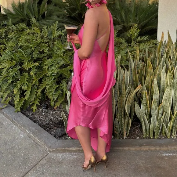 Cult Gaia pink silk dress, sleeveless formal/semi formal with shawl wrap detail