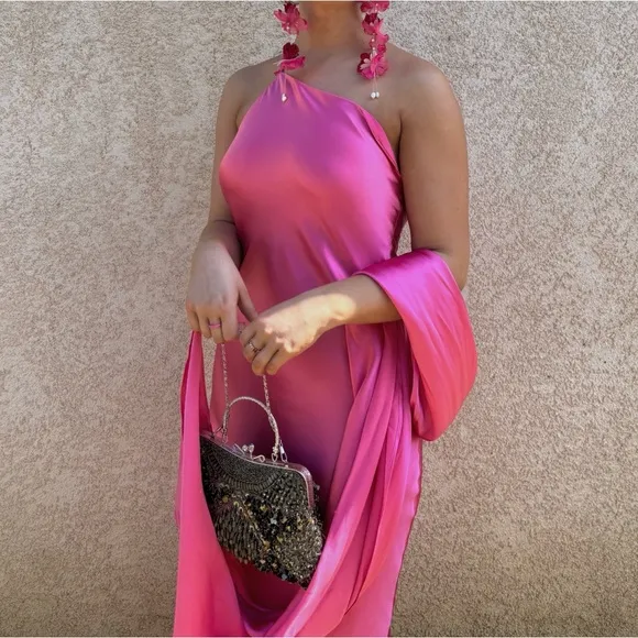 Cult Gaia pink silk dress, sleeveless formal/semi formal with shawl wrap detail
