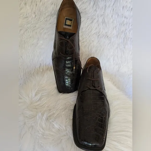 David Eden Luxurious Crocodile Head &amp; Lizard Head Brown Leather Men's Shoes