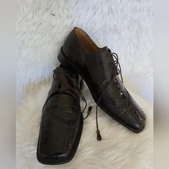David Eden Luxurious Crocodile Head &amp; Lizard Head Brown Leather Men's Shoes