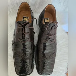 David Eden Luxurious Crocodile Head &amp; Lizard Head Brown Leather Men's Shoes