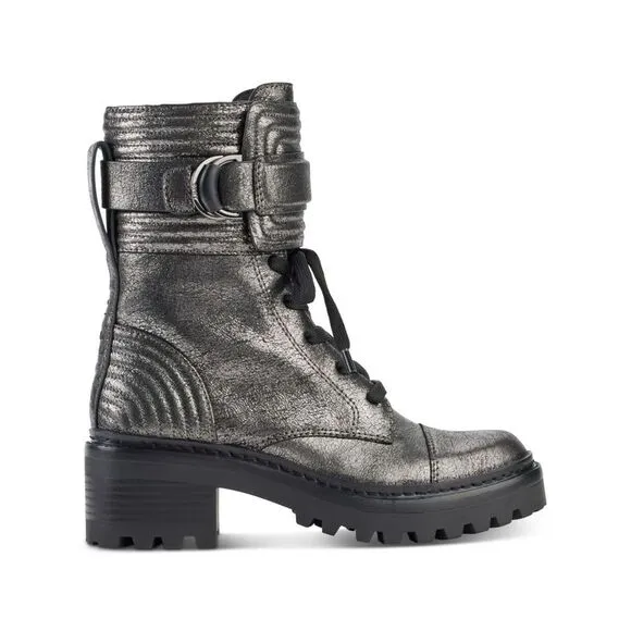 DKNY Womens Gray Metallic Basia Round Toe Block Heel Leather Combat Boots 6 M