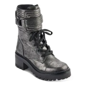 DKNY Womens Gray Metallic Basia Round Toe Block Heel Leather Combat Boots 6 M