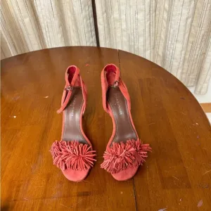 Donald Pliner open toe tassel stiletto heel pumps shoes size 7 salmon pink suede