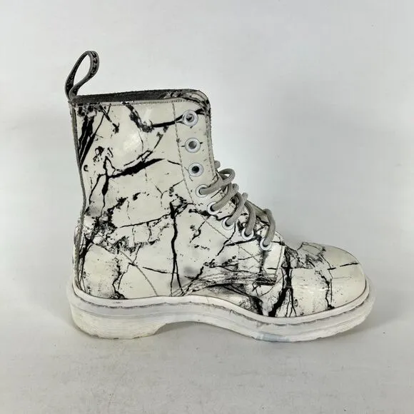 Dr. Martens 1460 Pascal Marble Ankle Boots Womens 6 White Patent Leather Lace Up
