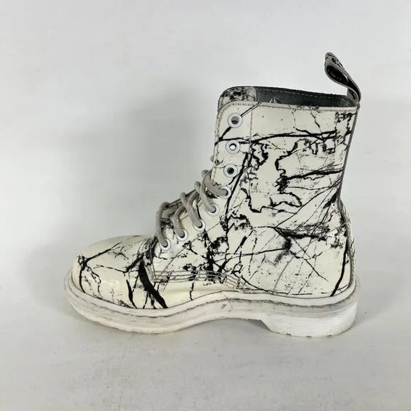 Dr. Martens 1460 Pascal Marble Ankle Boots Womens 6 White Patent Leather Lace Up