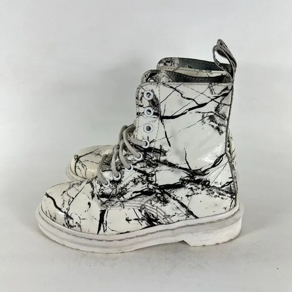 Dr. Martens 1460 Pascal Marble Ankle Boots Womens 6 White Patent Leather Lace Up