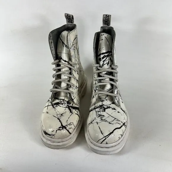 Dr. Martens 1460 Pascal Marble Ankle Boots Womens 6 White Patent Leather Lace Up