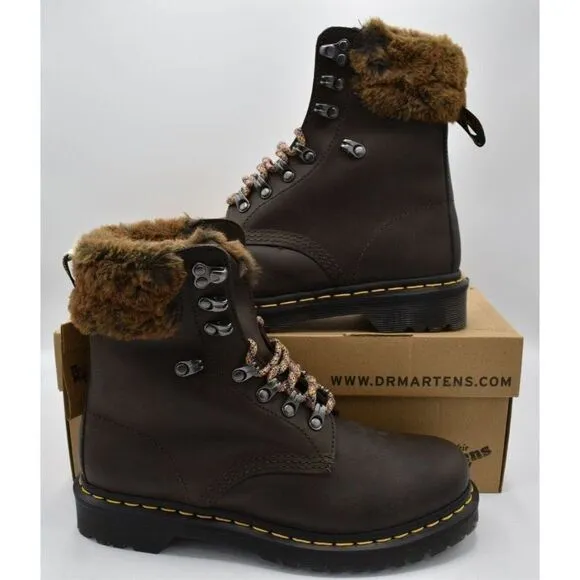 Dr Martens 1460 Womens Size 10 Serena Collar Lined Brown Leather Winter Boots