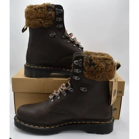 Dr Martens 1460 Womens Size 10 Serena Collar Lined Brown Leather Winter Boots