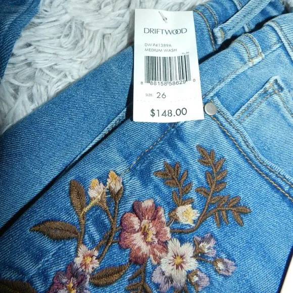 Driftwood Kelly Embroidered Floral Flared Jeans NEW/NWT!