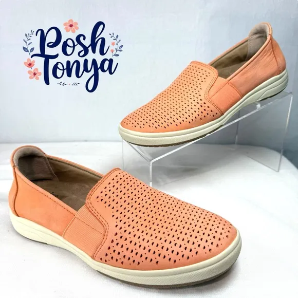 Earth Origins Eclipse Elin Perforated Leather Slip On Shoes, Cantaloupe, Size 8