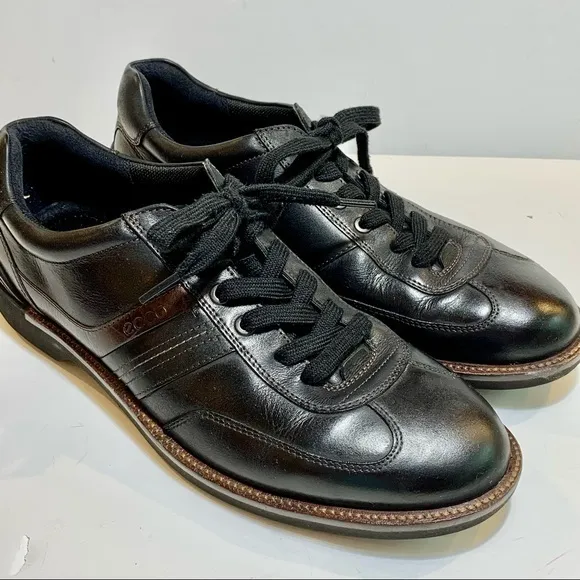Ecco Fenn Oxford Black &amp; Brown Leather Sneakers Shoes‎ 45