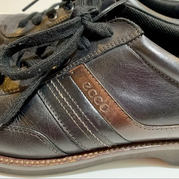 Ecco Fenn Oxford Black &amp; Brown Leather Sneakers Shoes‎ 45