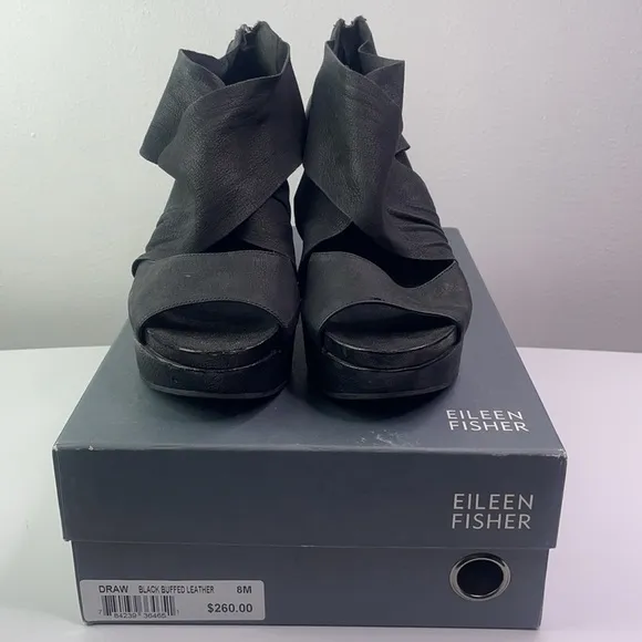 Eileen Fisher Black Draw Suede and Leather Wedges Heel Shoes 8M